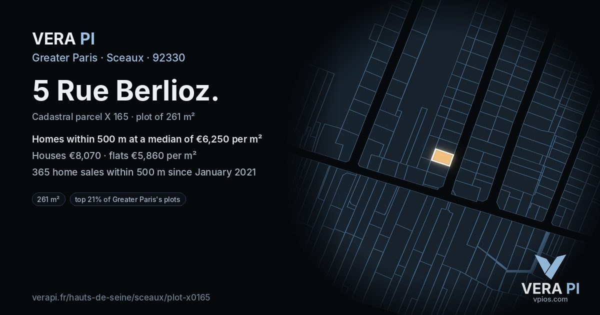 5 Rue Berlioz, Sceaux at night – the plot lit, the parcels around coloured by the prices near them