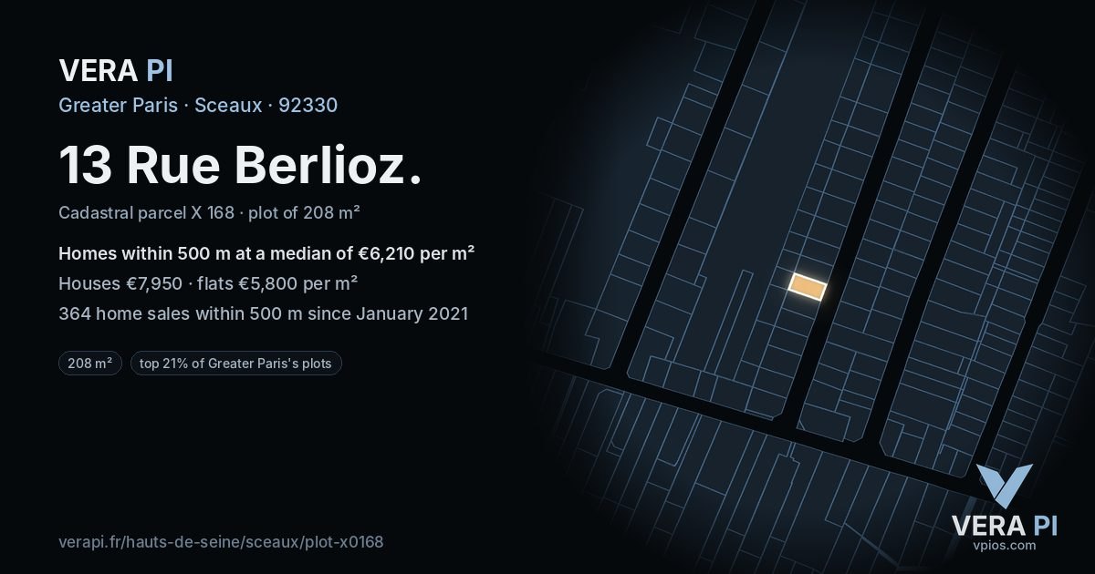 13 Rue Berlioz, Sceaux at night – the plot lit, the parcels around coloured by the prices near them