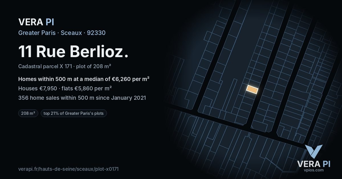 11 Rue Berlioz, Sceaux at night – the plot lit, the parcels around coloured by the prices near them