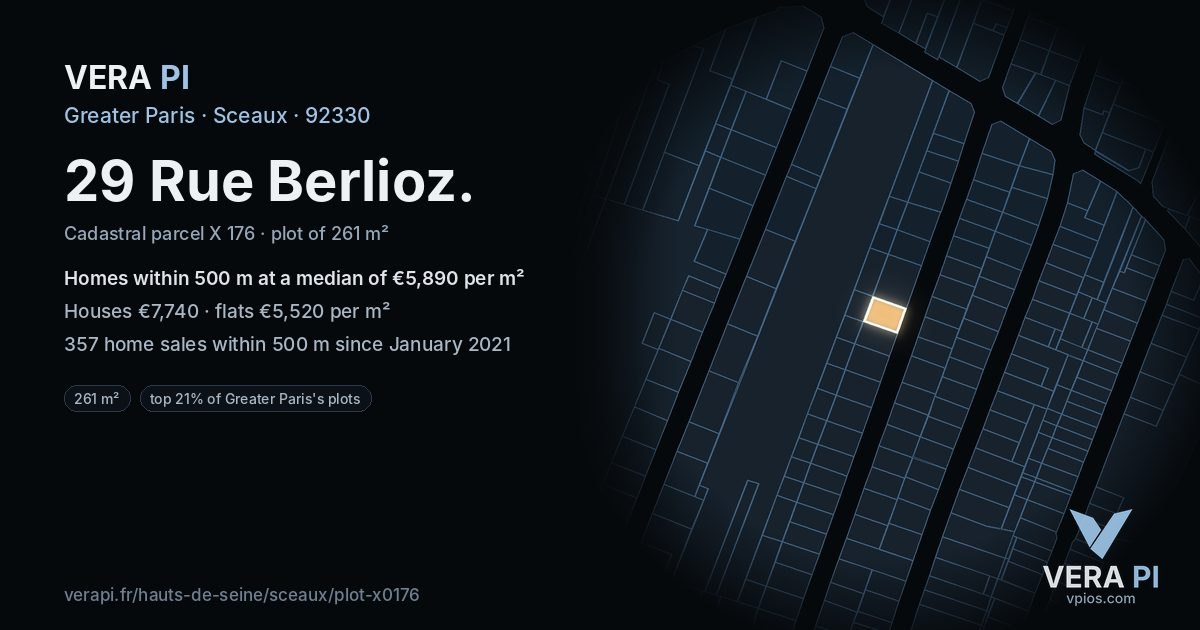 29 Rue Berlioz, Sceaux at night – the plot lit, the parcels around coloured by the prices near them