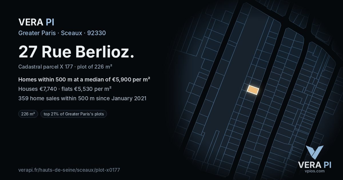 27 Rue Berlioz, Sceaux at night – the plot lit, the parcels around coloured by the prices near them