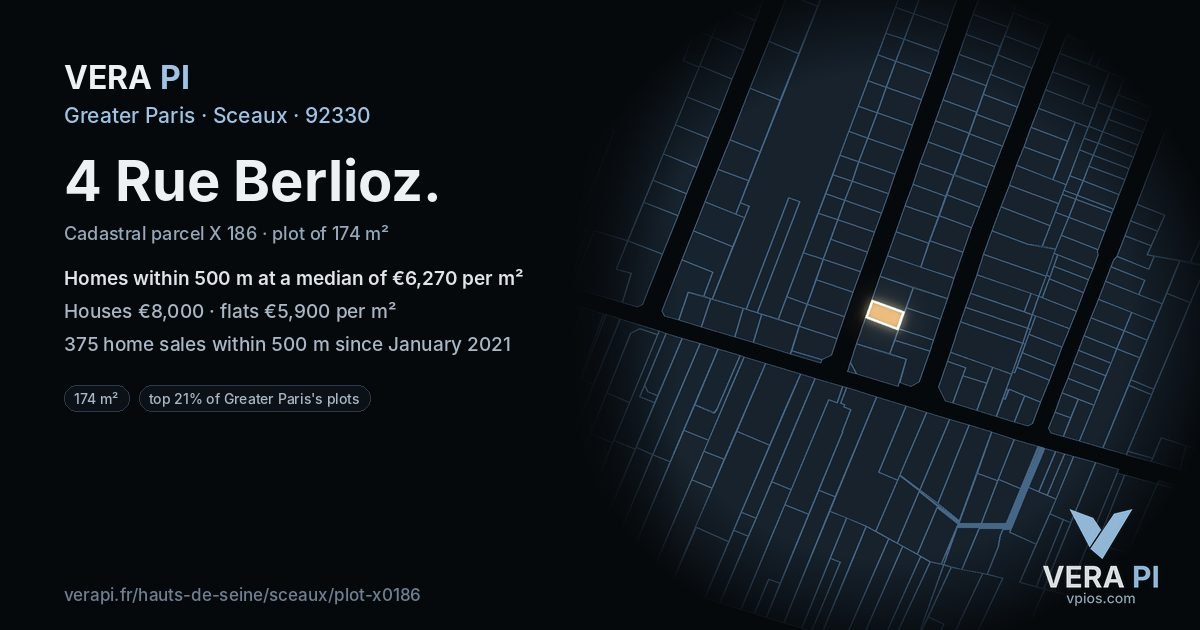 4 Rue Berlioz, Sceaux at night – the plot lit, the parcels around coloured by the prices near them