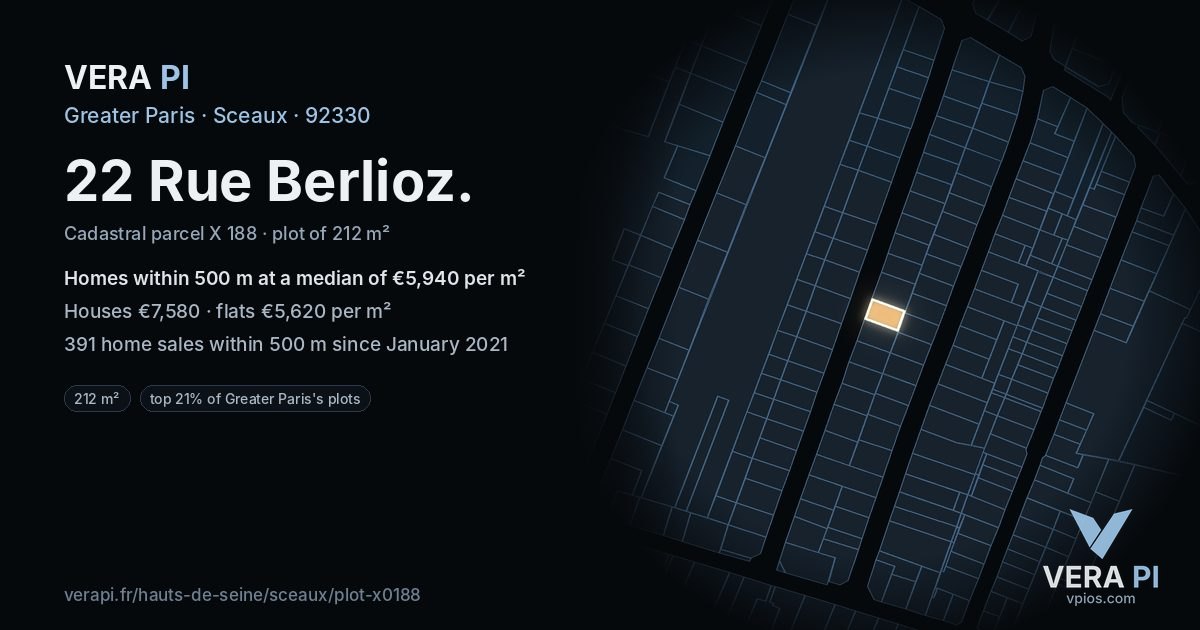 22 Rue Berlioz, Sceaux at night – the plot lit, the parcels around coloured by the prices near them