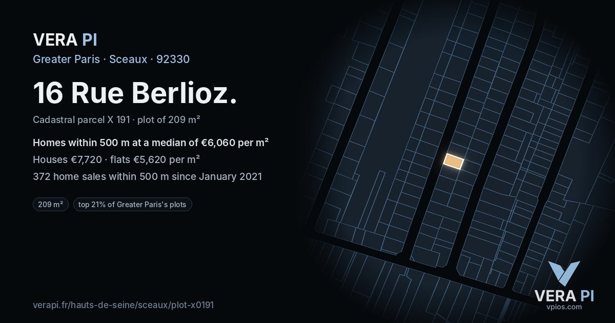 16 Rue Berlioz, Sceaux at night – the plot lit, the parcels around coloured by the prices near them
