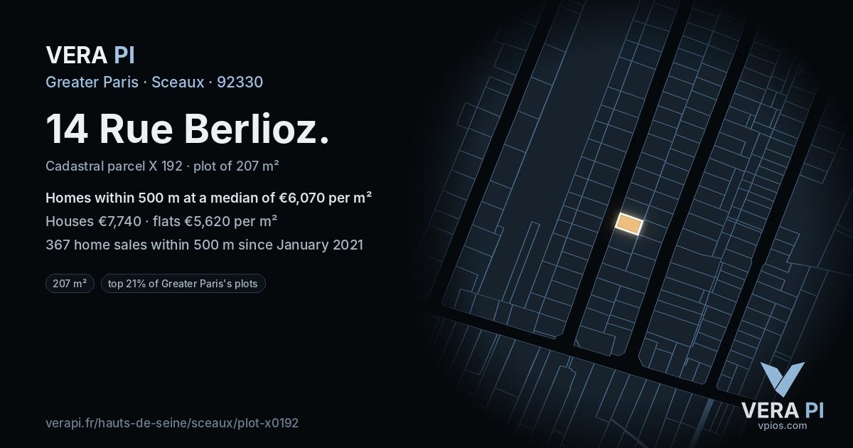 14 Rue Berlioz, Sceaux at night – the plot lit, the parcels around coloured by the prices near them
