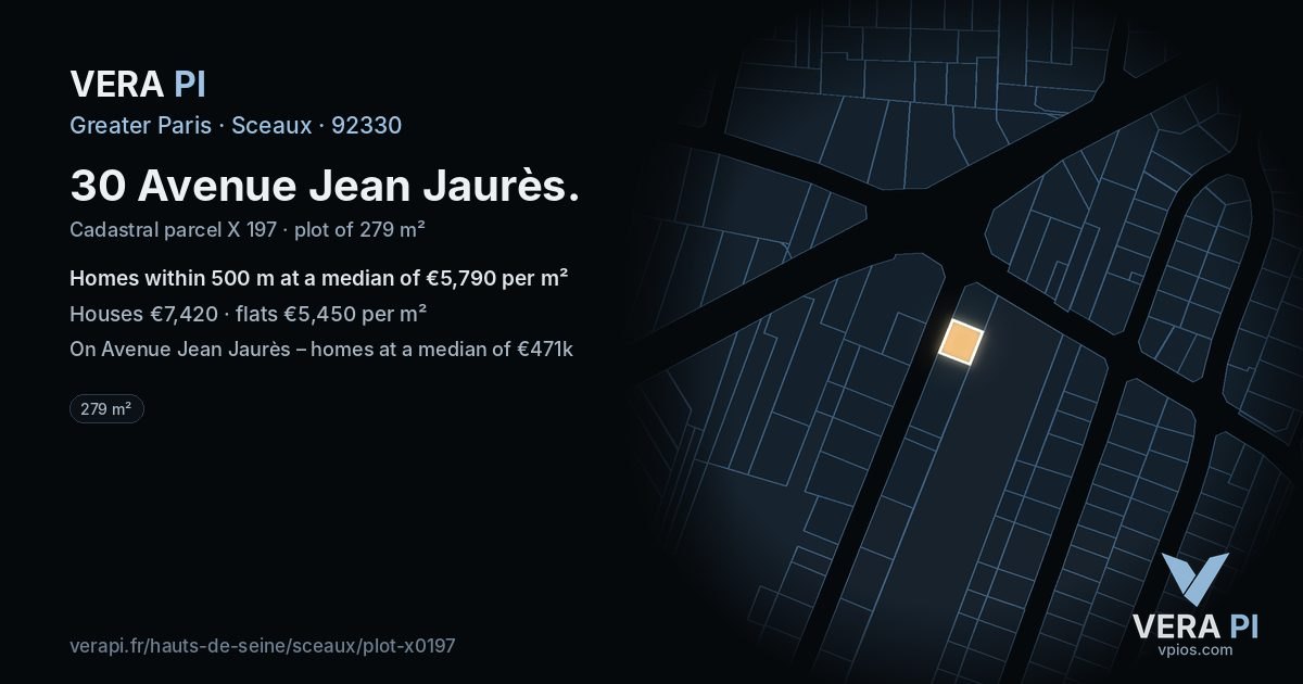 30 Avenue Jean Jaurès, Sceaux at night – the plot lit, the parcels around coloured by the prices near them