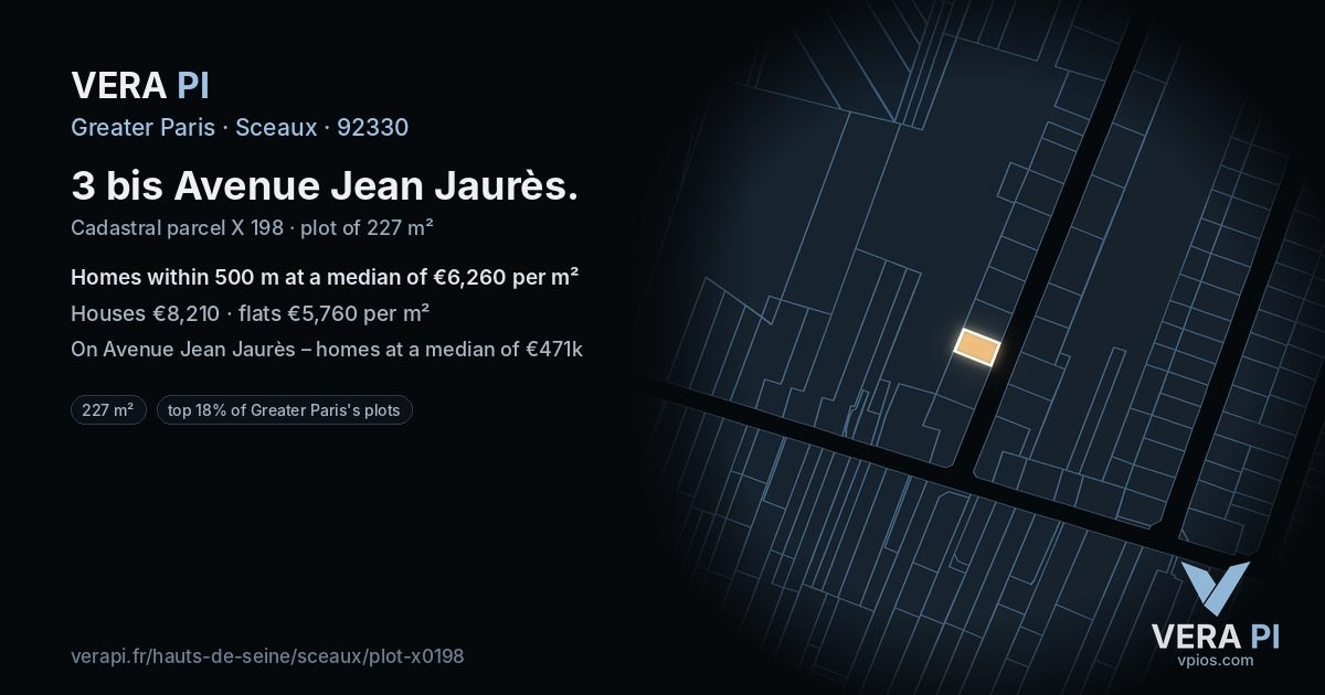 3 bis Avenue Jean Jaurès, Sceaux at night – the plot lit, the parcels around coloured by the prices near them