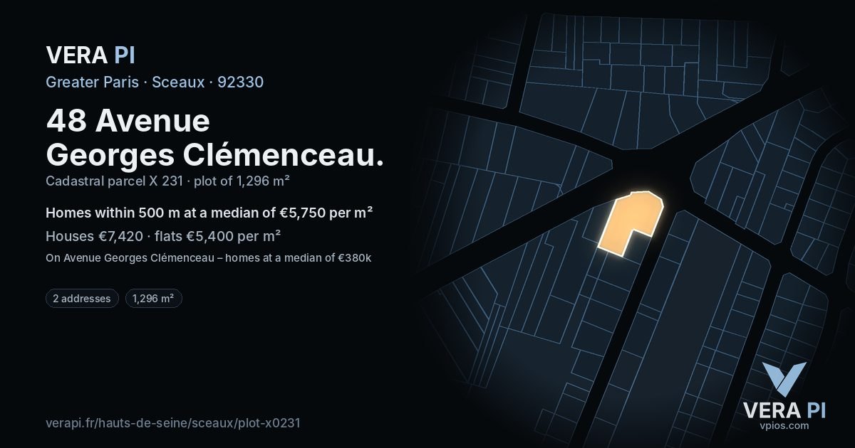 48 Avenue Georges Clémenceau, Sceaux at night – the plot lit, the parcels around coloured by the prices near them
