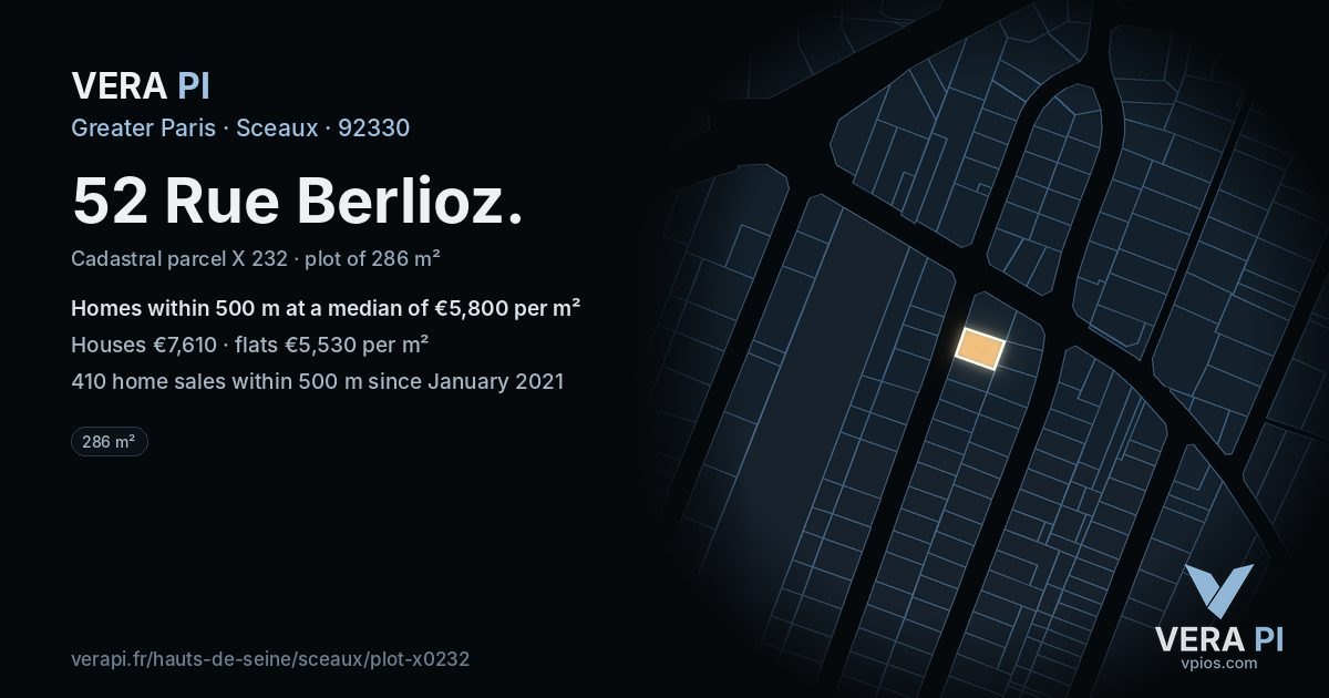 52 Rue Berlioz, Sceaux at night – the plot lit, the parcels around coloured by the prices near them