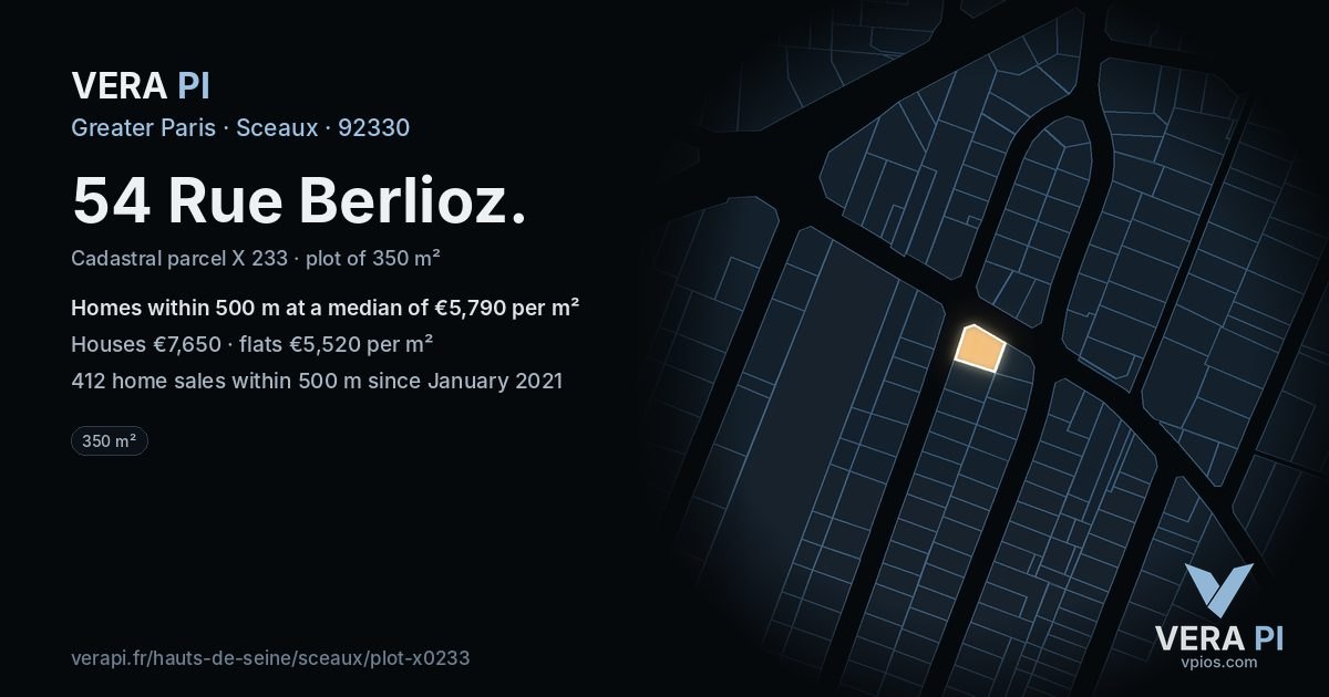 54 Rue Berlioz, Sceaux at night – the plot lit, the parcels around coloured by the prices near them