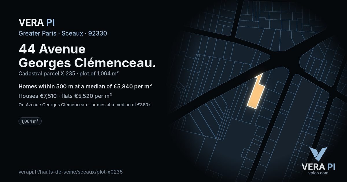 44 Avenue Georges Clémenceau, Sceaux at night – the plot lit, the parcels around coloured by the prices near them