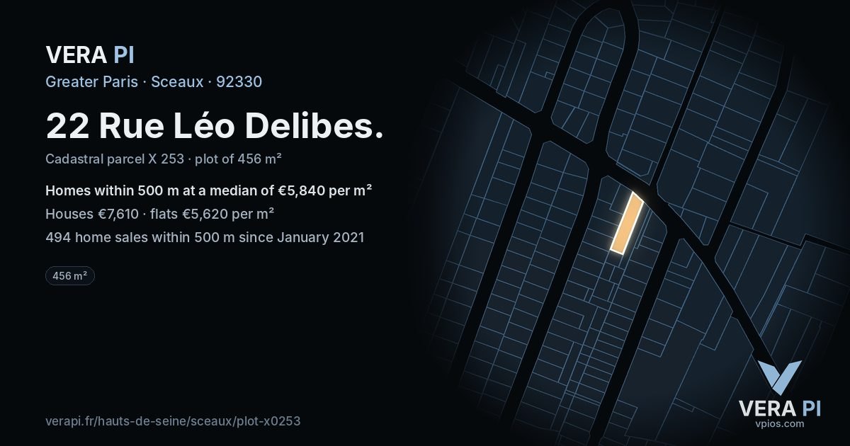 22 Rue Léo Delibes, Sceaux at night – the plot lit, the parcels around coloured by the prices near them