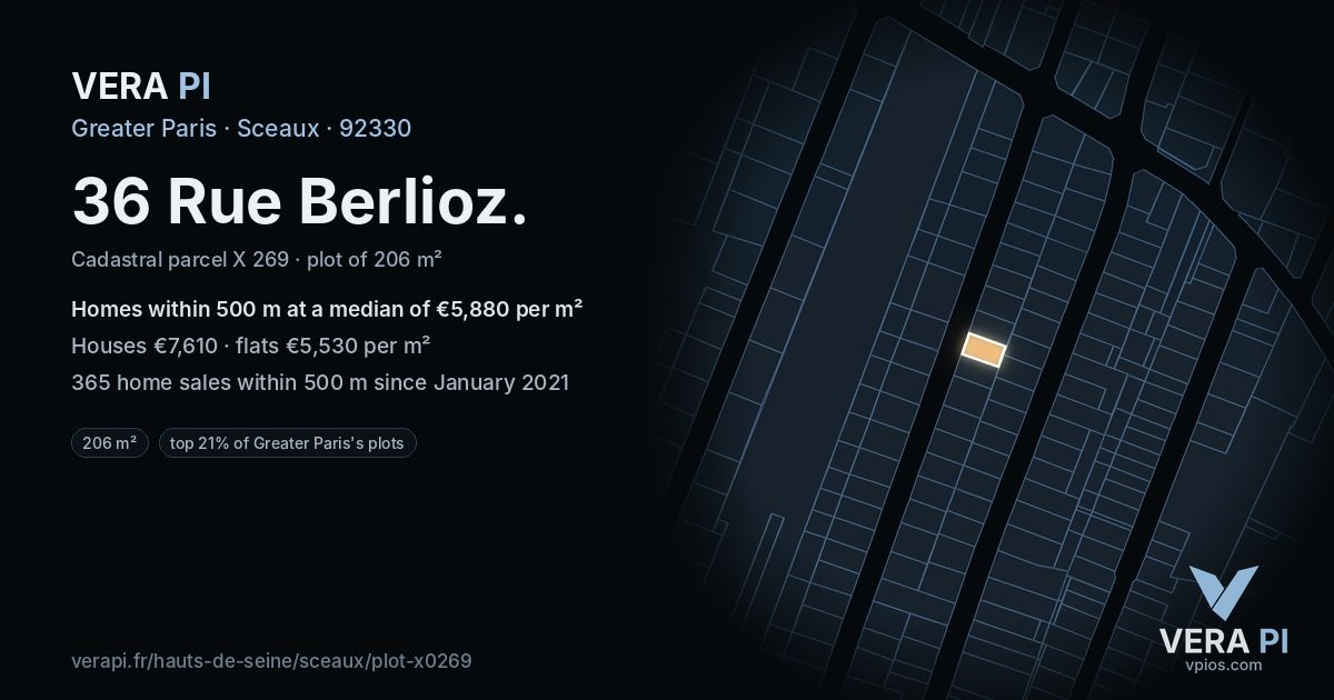 36 Rue Berlioz, Sceaux at night – the plot lit, the parcels around coloured by the prices near them