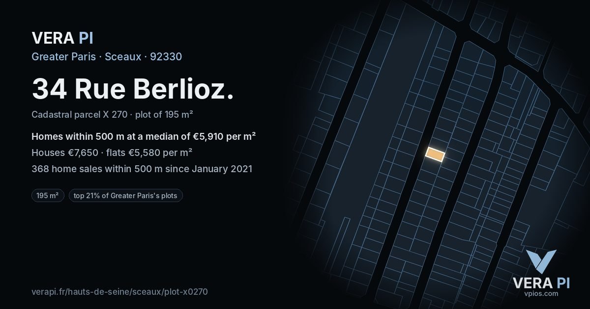 34 Rue Berlioz, Sceaux at night – the plot lit, the parcels around coloured by the prices near them