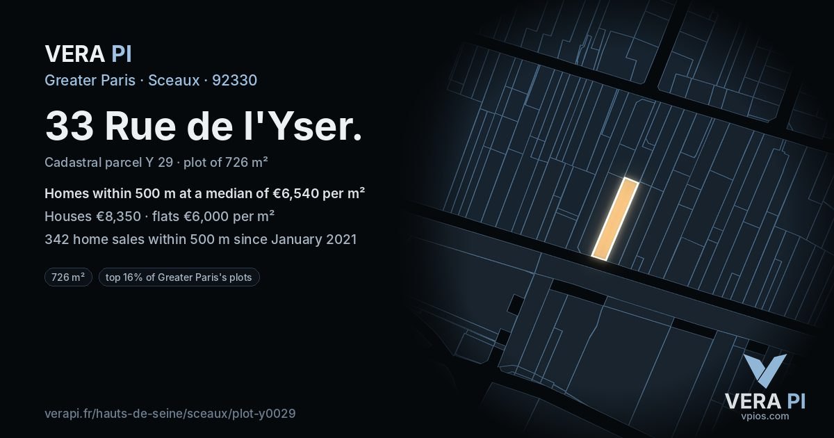 33 Rue de l'Yser, Sceaux at night – the plot lit, the parcels around coloured by the prices near them