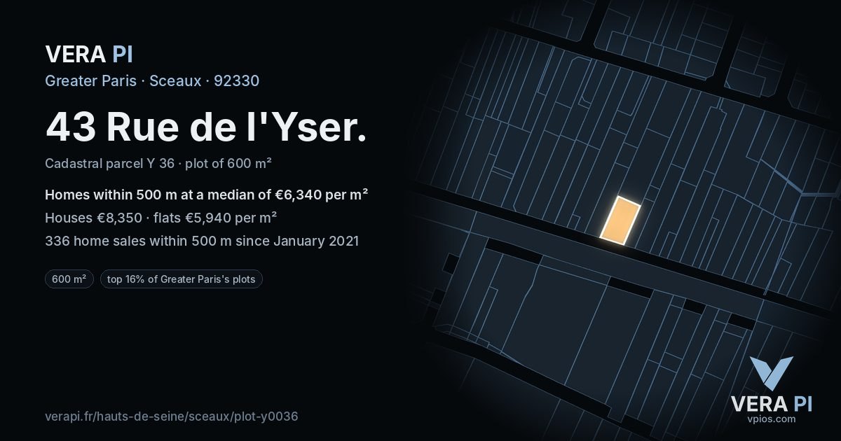 43 Rue de l'Yser, Sceaux at night – the plot lit, the parcels around coloured by the prices near them