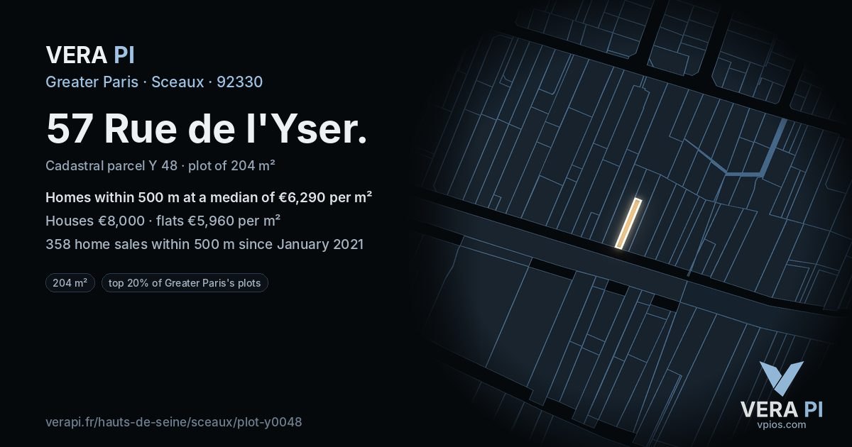 57 Rue de l'Yser, Sceaux at night – the plot lit, the parcels around coloured by the prices near them
