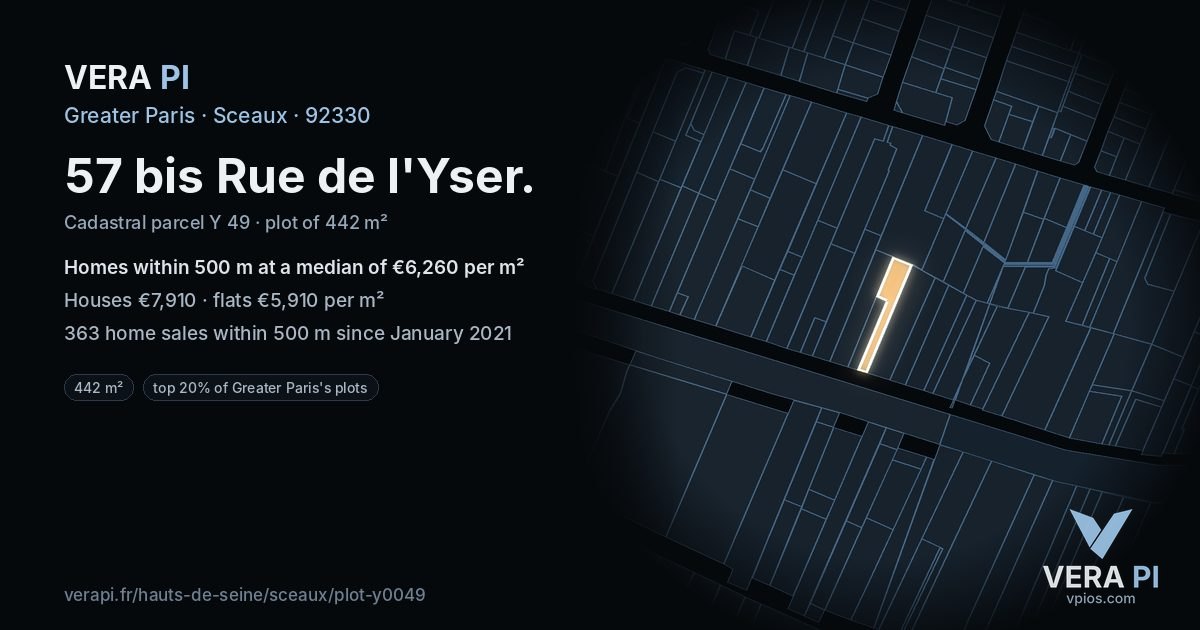 57 bis Rue de l'Yser, Sceaux at night – the plot lit, the parcels around coloured by the prices near them