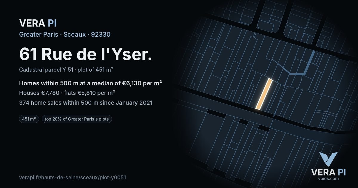 61 Rue de l'Yser, Sceaux at night – the plot lit, the parcels around coloured by the prices near them