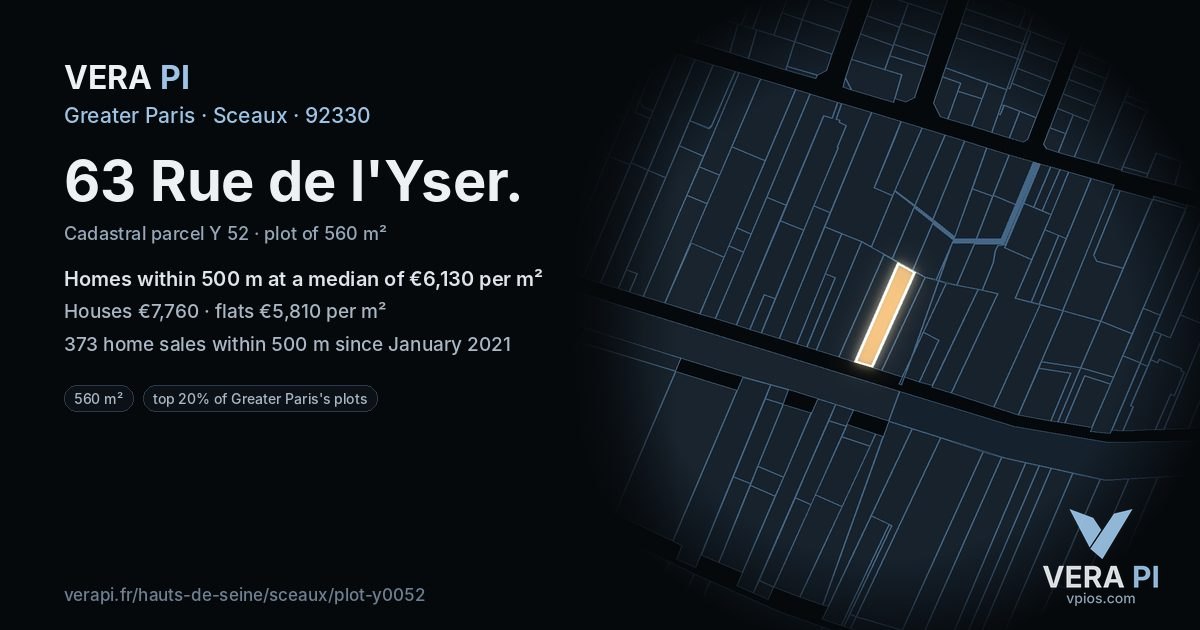 63 Rue de l'Yser, Sceaux at night – the plot lit, the parcels around coloured by the prices near them