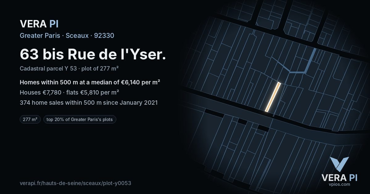 63 bis Rue de l'Yser, Sceaux at night – the plot lit, the parcels around coloured by the prices near them
