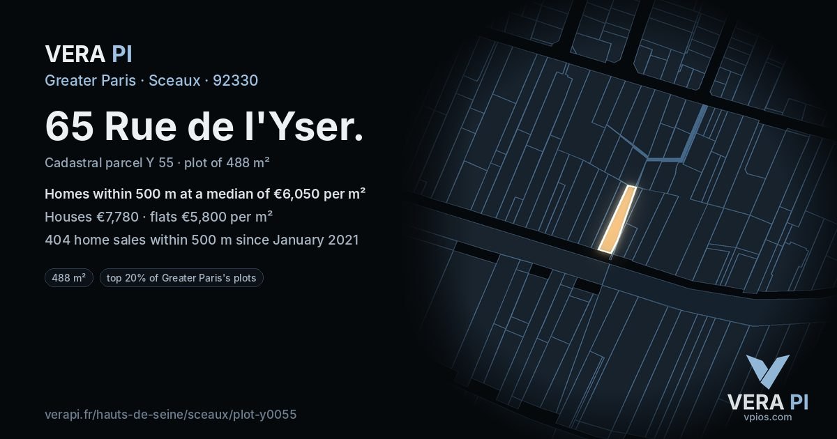 65 Rue de l'Yser, Sceaux at night – the plot lit, the parcels around coloured by the prices near them
