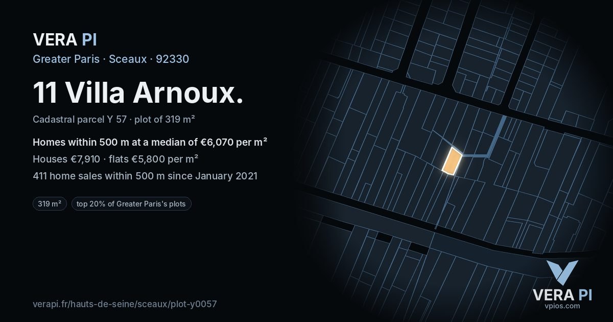 11 Villa Arnoux, Sceaux at night – the plot lit, the parcels around coloured by the prices near them