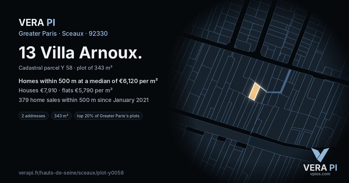 13 Villa Arnoux, Sceaux at night – the plot lit, the parcels around coloured by the prices near them