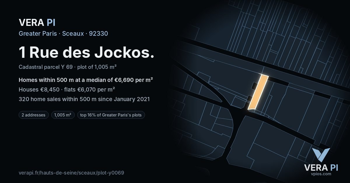 1 Rue des Jockos, Sceaux at night – the plot lit, the parcels around coloured by the prices near them