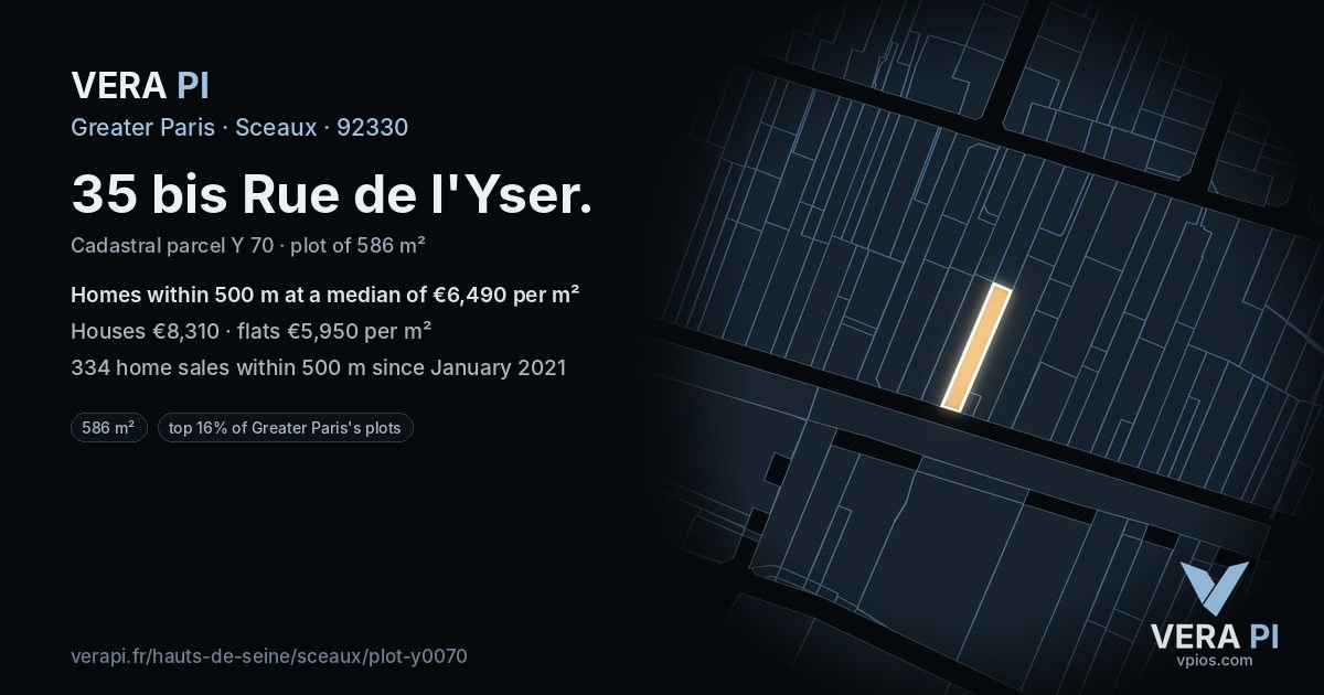 35 bis Rue de l'Yser, Sceaux at night – the plot lit, the parcels around coloured by the prices near them
