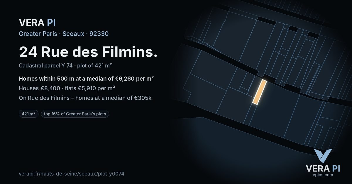 24 Rue des Filmins, Sceaux at night – the plot lit, the parcels around coloured by the prices near them
