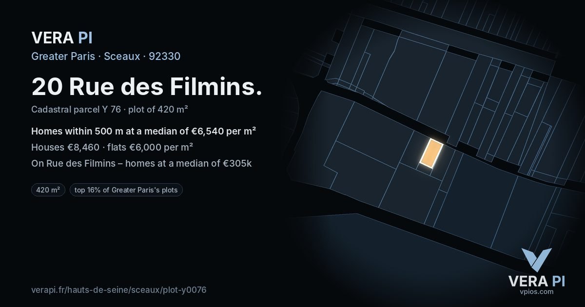 20 Rue des Filmins, Sceaux at night – the plot lit, the parcels around coloured by the prices near them