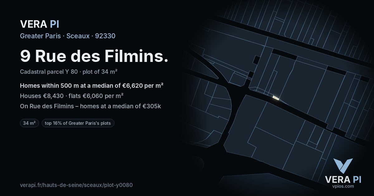 9 Rue des Filmins, Sceaux at night – the plot lit, the parcels around coloured by the prices near them