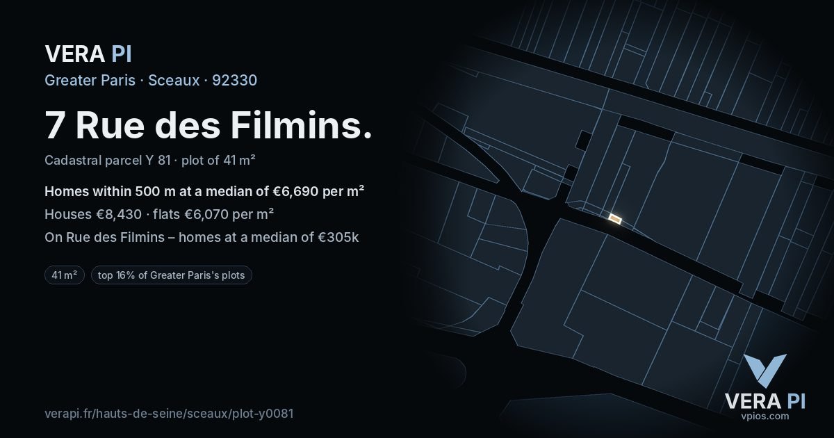 7 Rue des Filmins, Sceaux at night – the plot lit, the parcels around coloured by the prices near them
