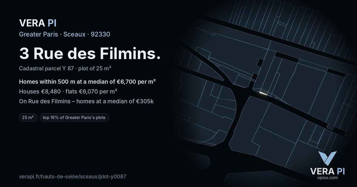 3 Rue des Filmins, Sceaux at night – the plot lit, the parcels around coloured by the prices near them