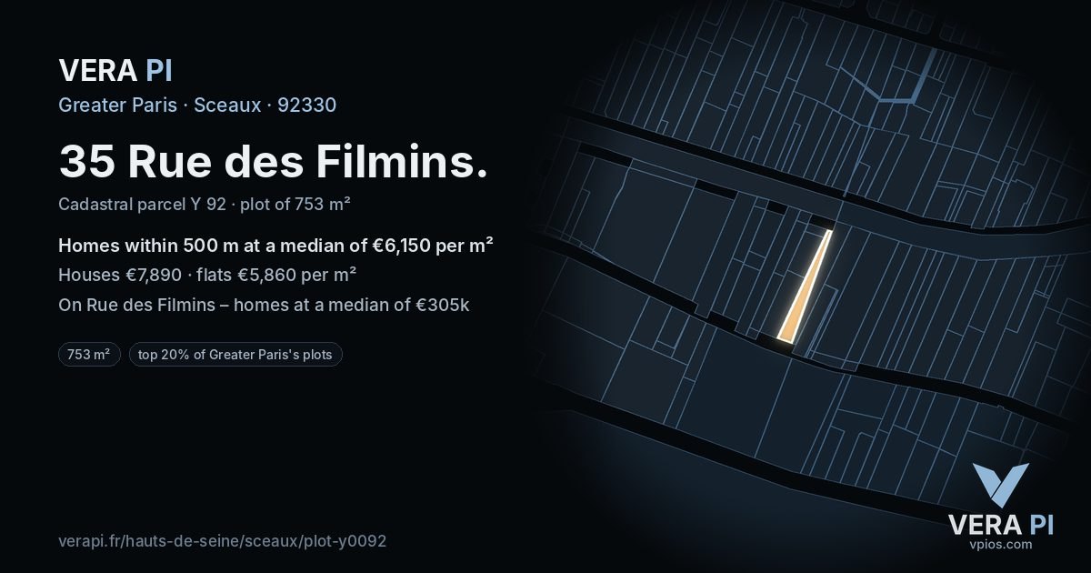 35 Rue des Filmins, Sceaux at night – the plot lit, the parcels around coloured by the prices near them