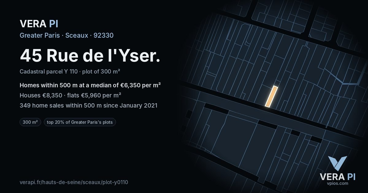 45 Rue de l'Yser, Sceaux at night – the plot lit, the parcels around coloured by the prices near them