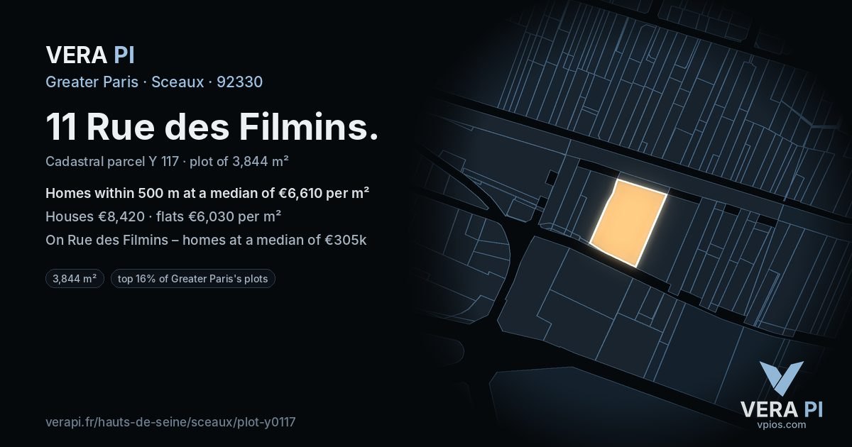 11 Rue des Filmins, Sceaux at night – the plot lit, the parcels around coloured by the prices near them