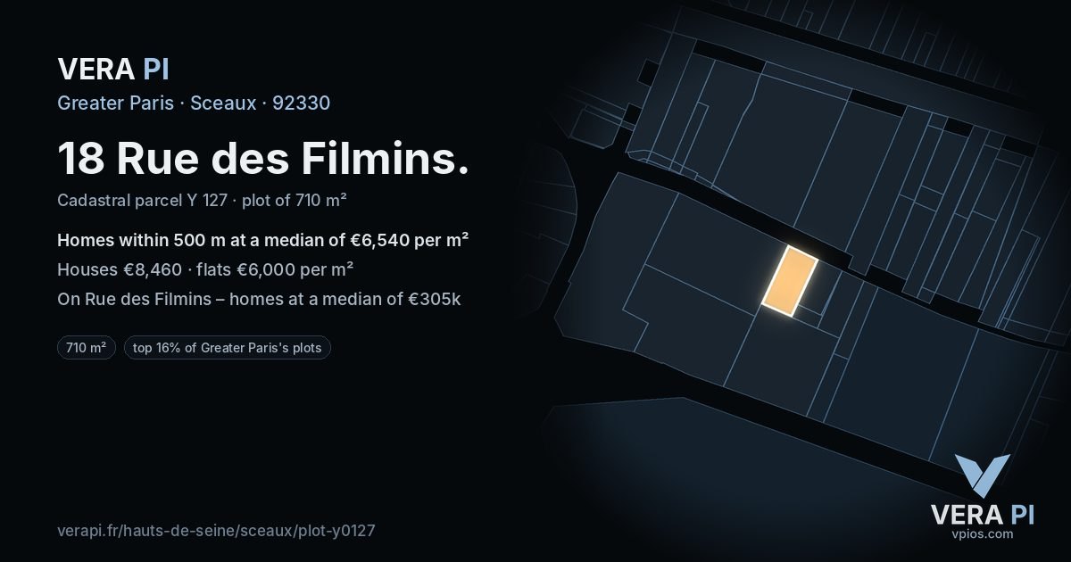 18 Rue des Filmins, Sceaux at night – the plot lit, the parcels around coloured by the prices near them