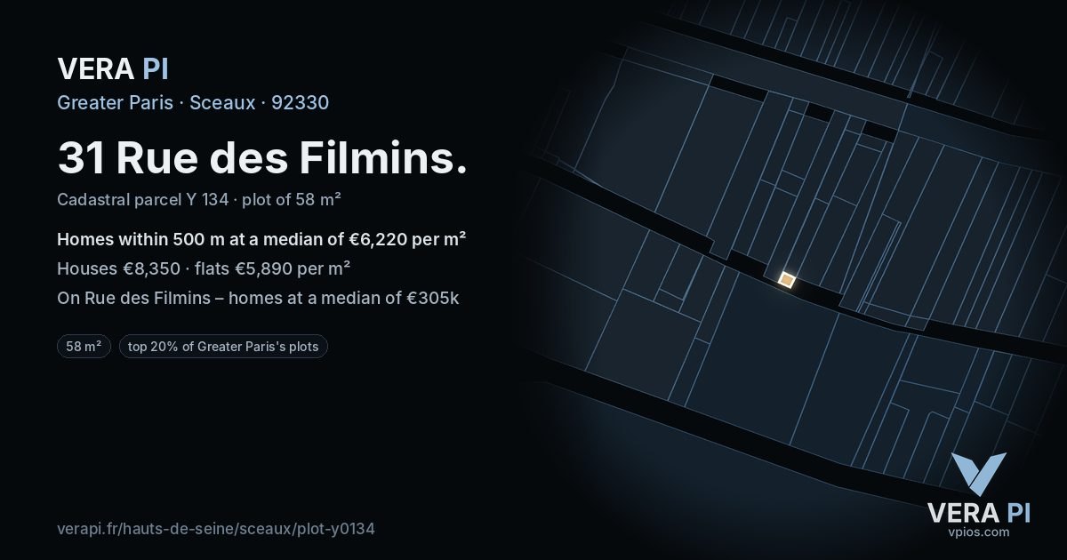 31 Rue des Filmins, Sceaux at night – the plot lit, the parcels around coloured by the prices near them