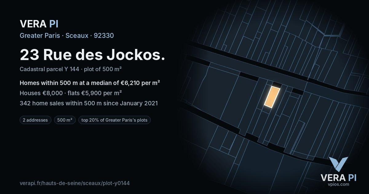 23 Rue des Jockos, Sceaux at night – the plot lit, the parcels around coloured by the prices near them