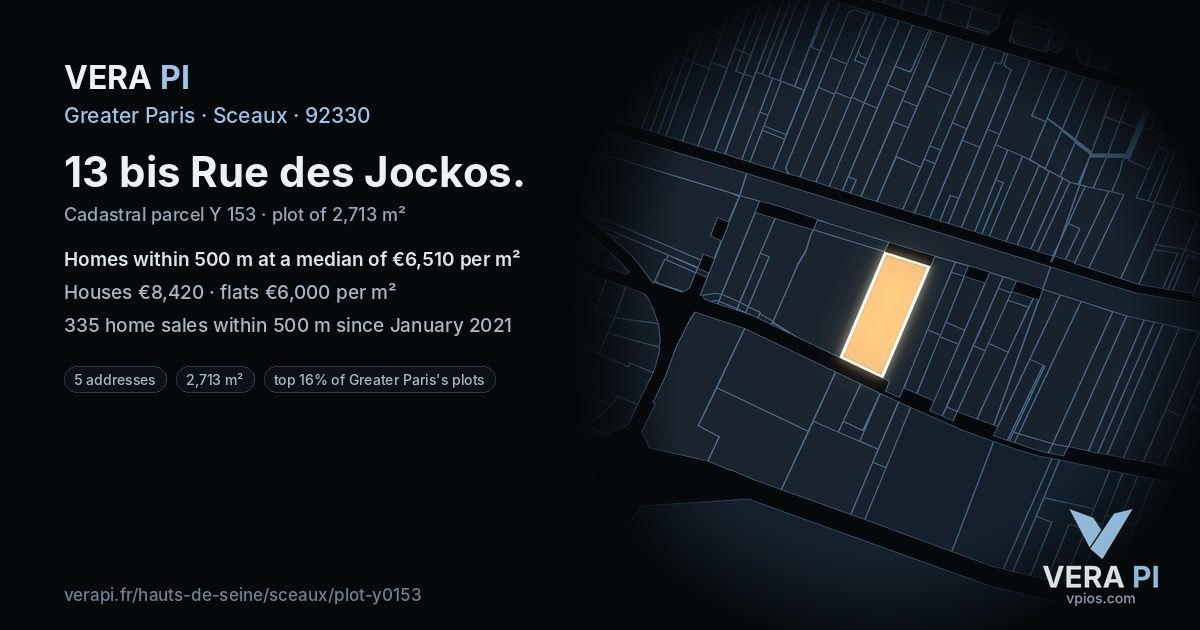 13 bis Rue des Jockos, Sceaux at night – the plot lit, the parcels around coloured by the prices near them