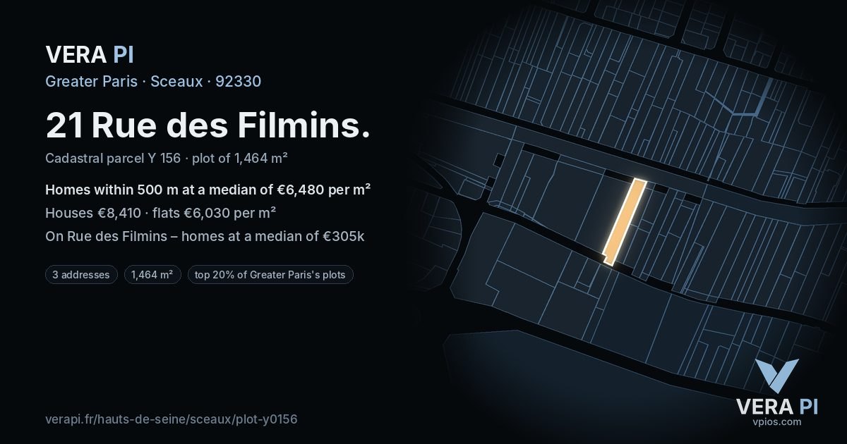 21 Rue des Filmins, Sceaux at night – the plot lit, the parcels around coloured by the prices near them