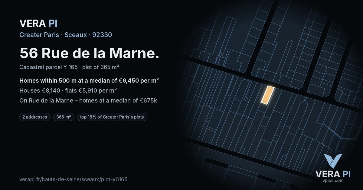 56 Rue de la Marne, Sceaux at night – the plot lit, the parcels around coloured by the prices near them
