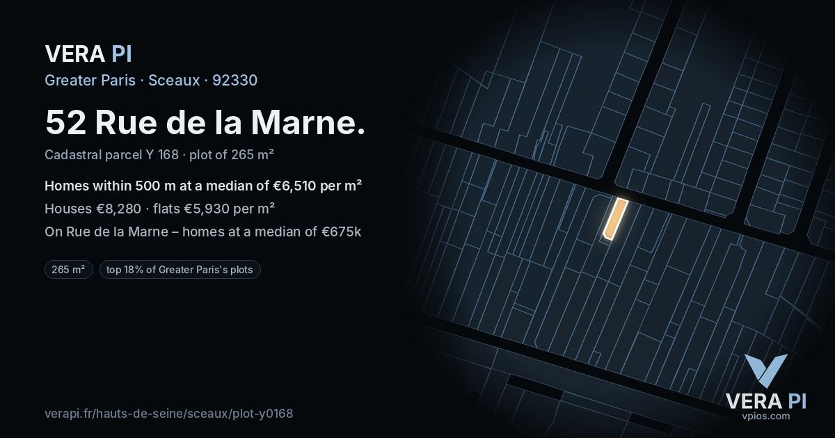 52 Rue de la Marne, Sceaux at night – the plot lit, the parcels around coloured by the prices near them