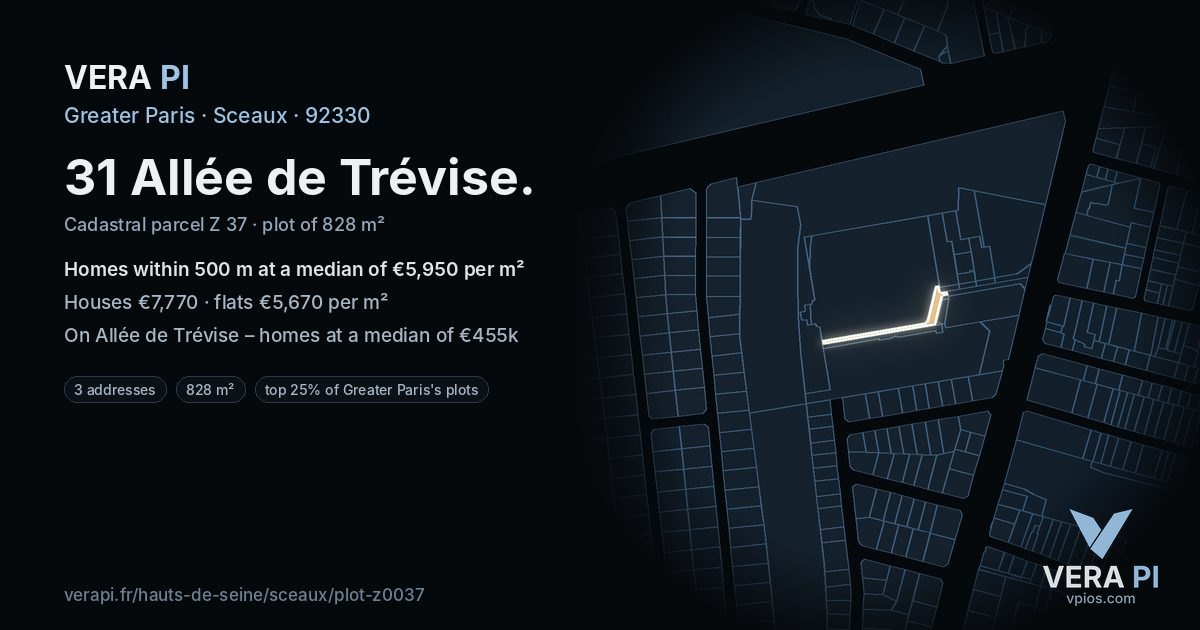 31 Allée de Trévise, Sceaux at night – the plot lit, the parcels around coloured by the prices near them