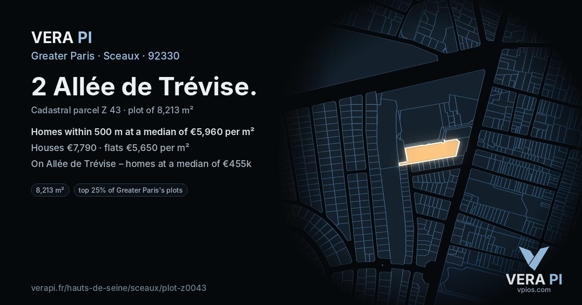 2 Allée de Trévise, Sceaux at night – the plot lit, the parcels around coloured by the prices near them