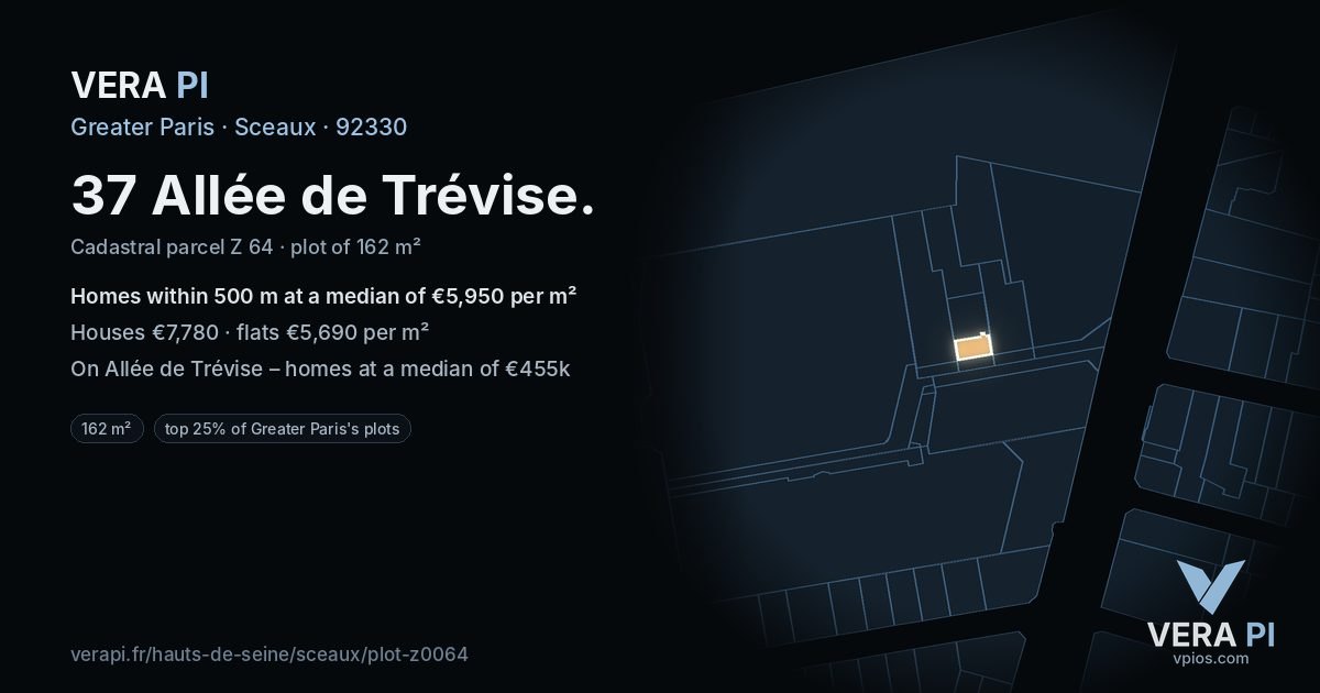 37 Allée de Trévise, Sceaux at night – the plot lit, the parcels around coloured by the prices near them