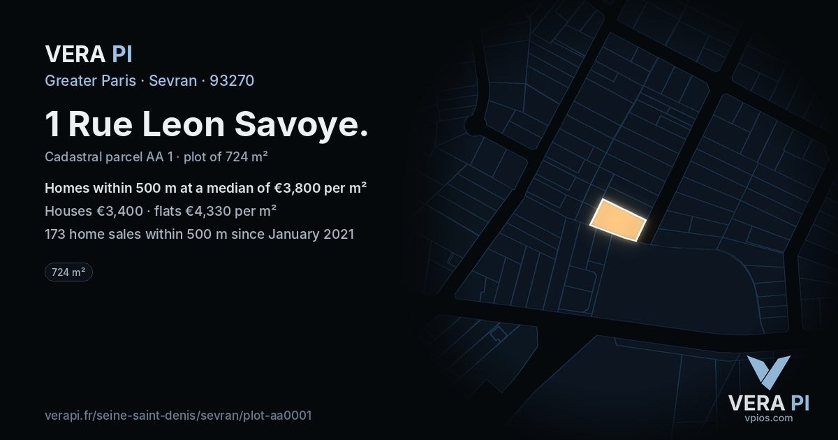 1 Rue Leon Savoye, Sevran at night – the plot lit, the parcels around coloured by the prices near them