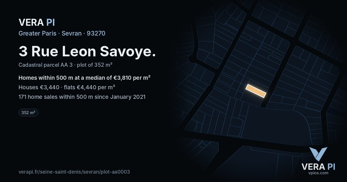 3 Rue Leon Savoye, Sevran at night – the plot lit, the parcels around coloured by the prices near them